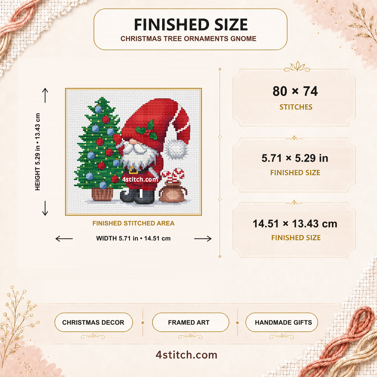 Christmas Tree Ornaments Gnome finished size: 80 by 74 stitches, 5.71 by 5.29 inches or 14.51 by 13.43 centimetres on 14-count Aida.