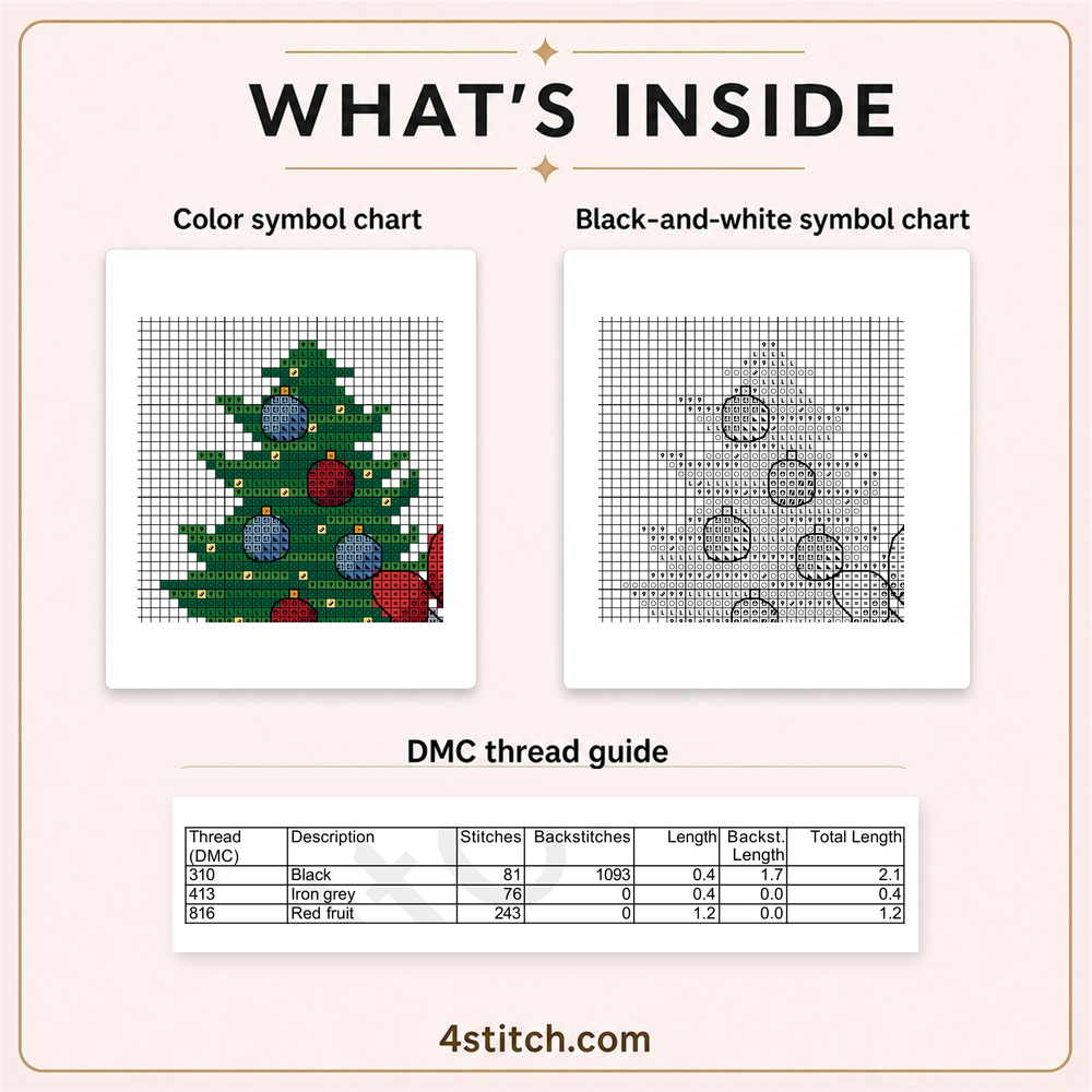 Protected partial color and black-and-white symbol charts with the first three DMC thread-guide rows for Christmas Tree Ornaments Gnome.