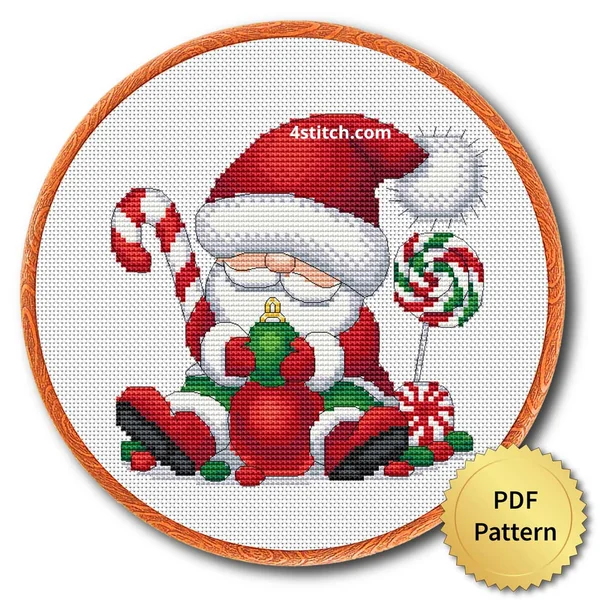 Peppermint Candy Santa Gnome cross stitch design in an embroidery hoop with a PDF Pattern medal