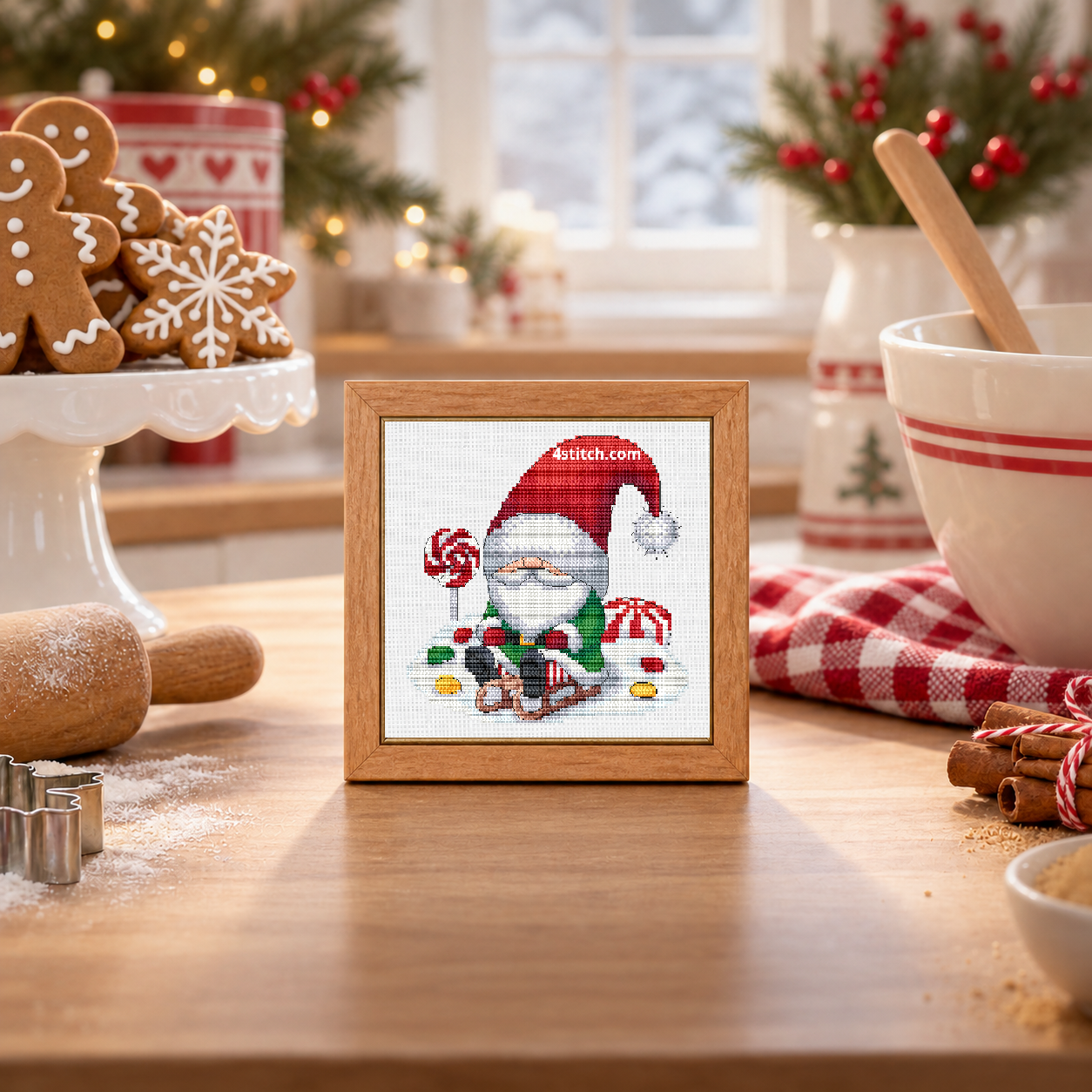 Wider interior view of Gingerbread Sleigh Christmas Gnome on white Aida in a warm maple frame on a bright Christmas baking bench, with the small frame resting among coordinating Christmas decorations.