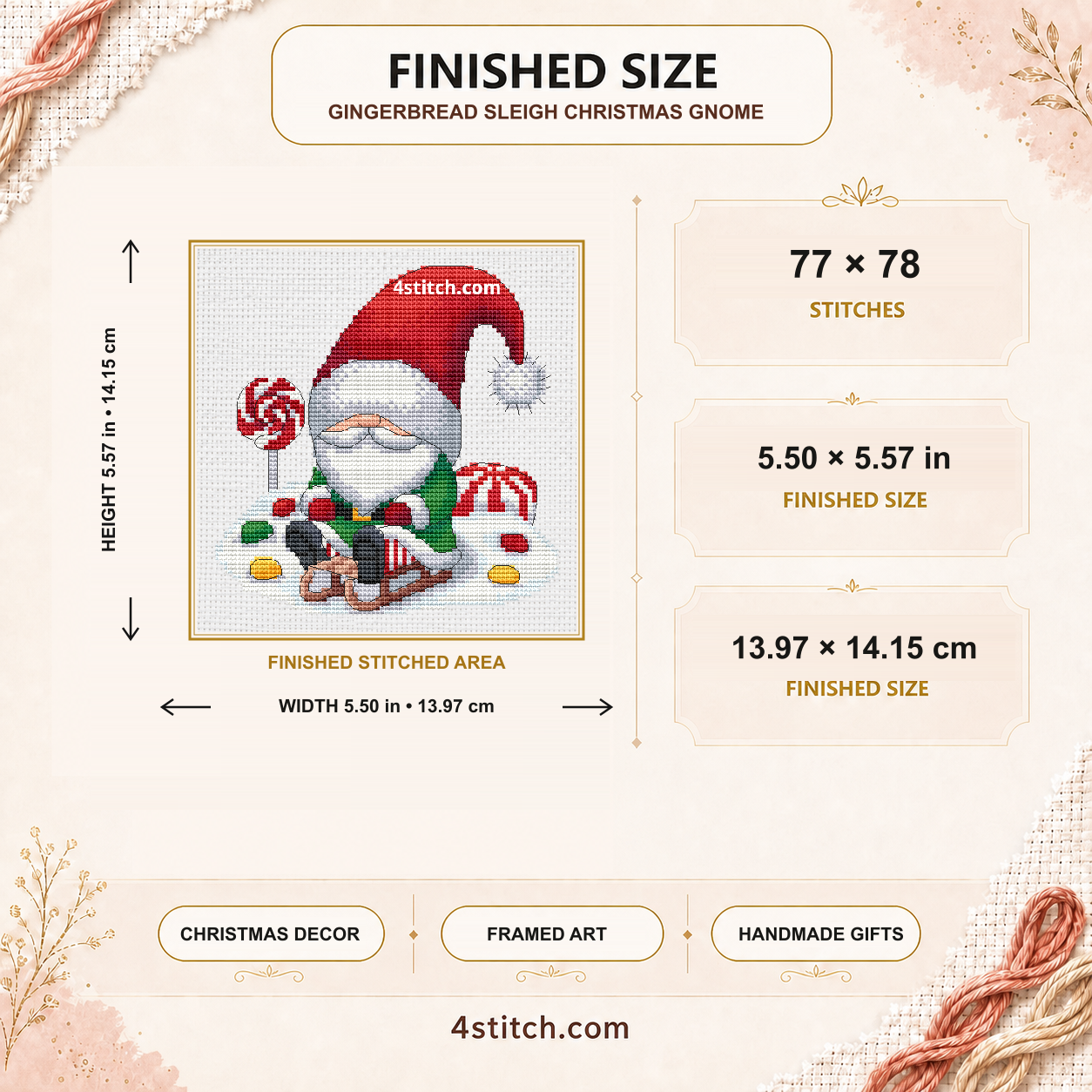 Gingerbread Sleigh Christmas Gnome finished size: 77 by 78 stitches, 5.50 by 5.57 inches or 13.97 by 14.15 centimetres on 14-count Aida.