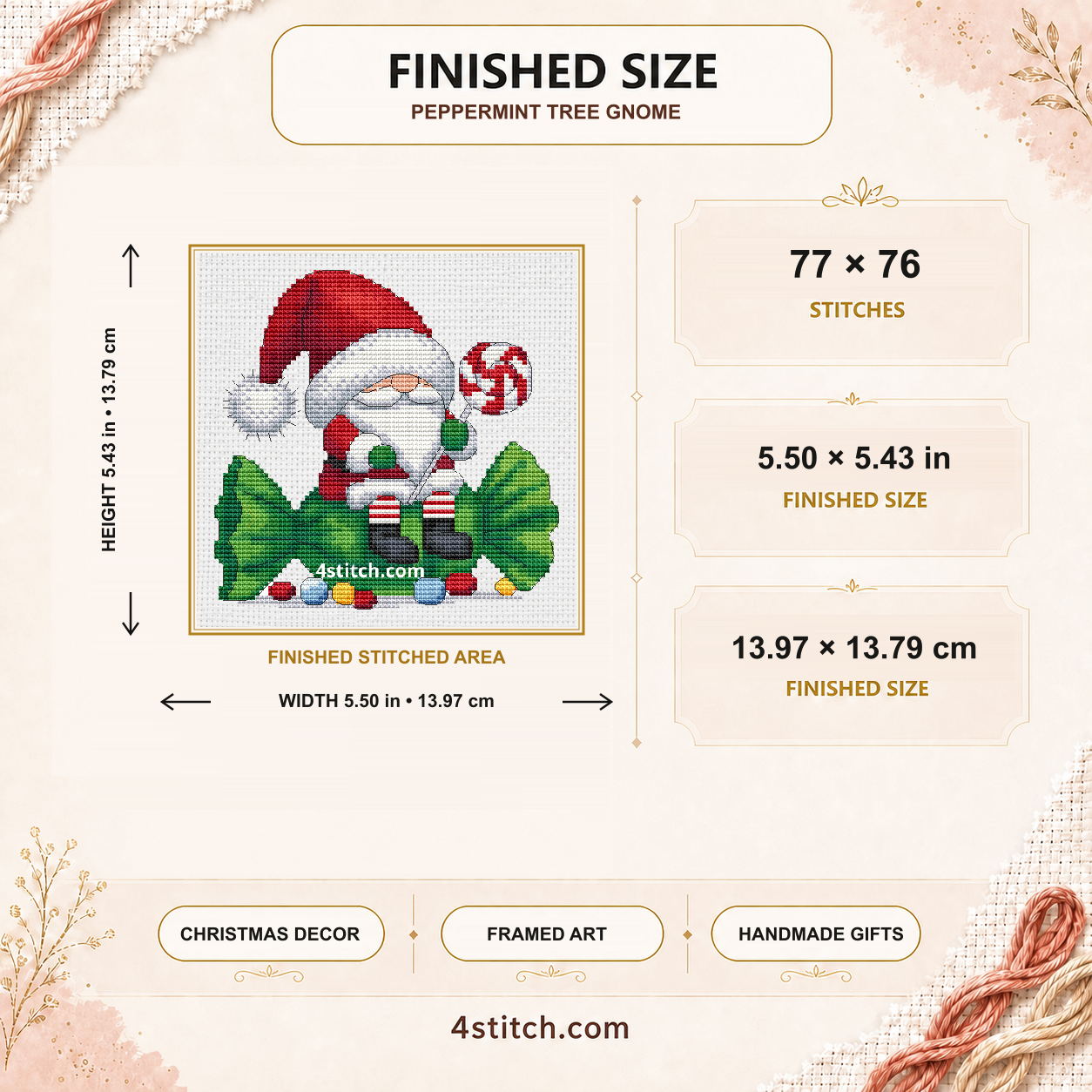 Peppermint Tree Gnome finished size: 77 by 76 stitches, 5.50 by 5.43 inches or 13.97 by 13.79 centimetres on 14-count Aida.