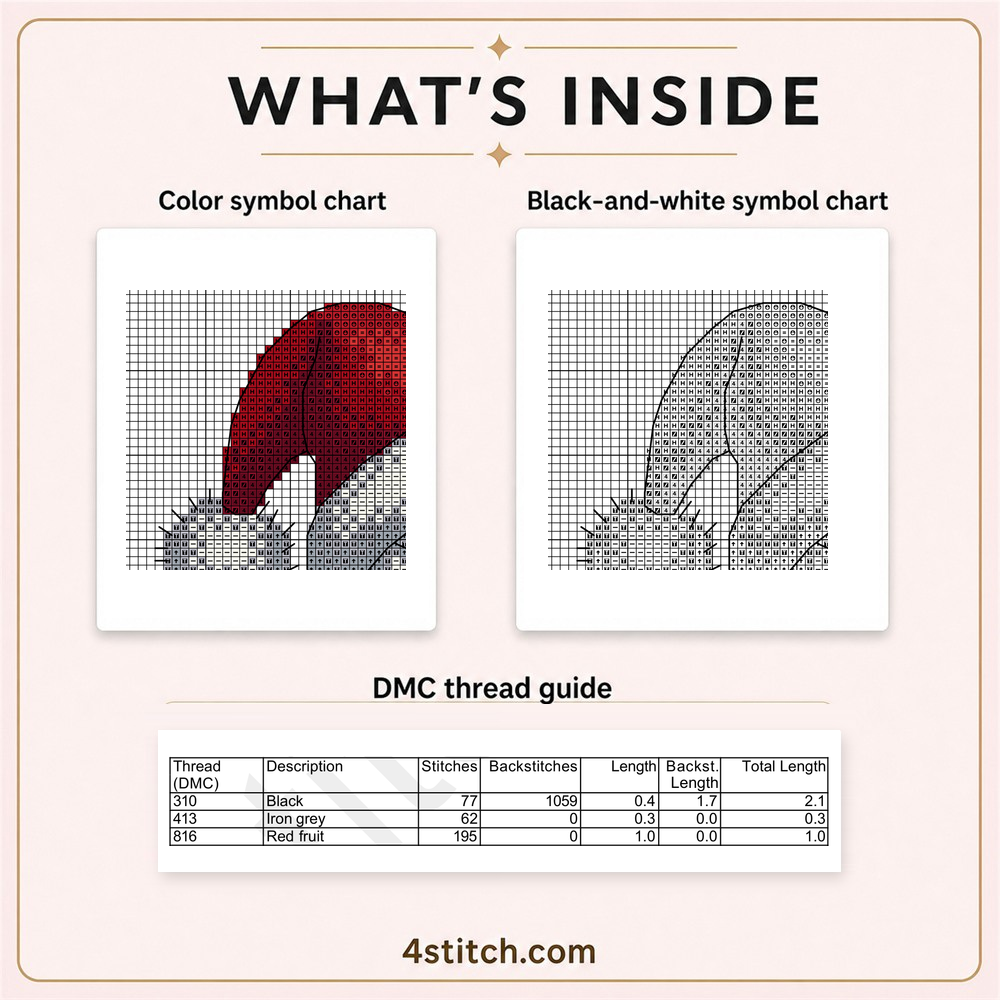 Protected partial color and black-and-white symbol charts with the first three DMC thread-guide rows for Peppermint Tree Gnome.