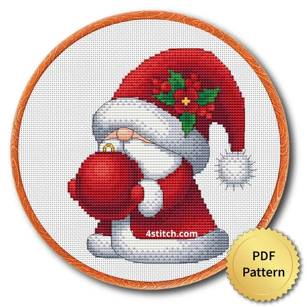 Holly Bauble Santa Gnome cross stitch design in an embroidery hoop with a PDF Pattern medal