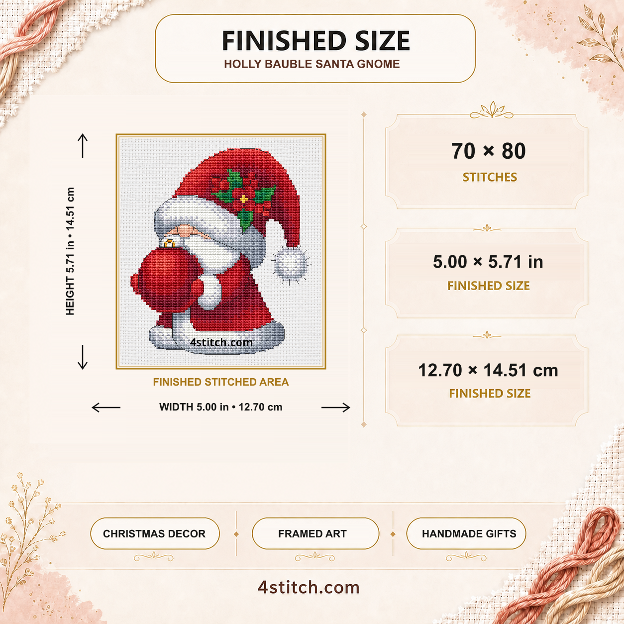 Holly Bauble Santa Gnome finished size: 70 by 80 stitches, 5.00 by 5.71 inches or 12.70 by 14.51 centimetres on 14-count Aida.