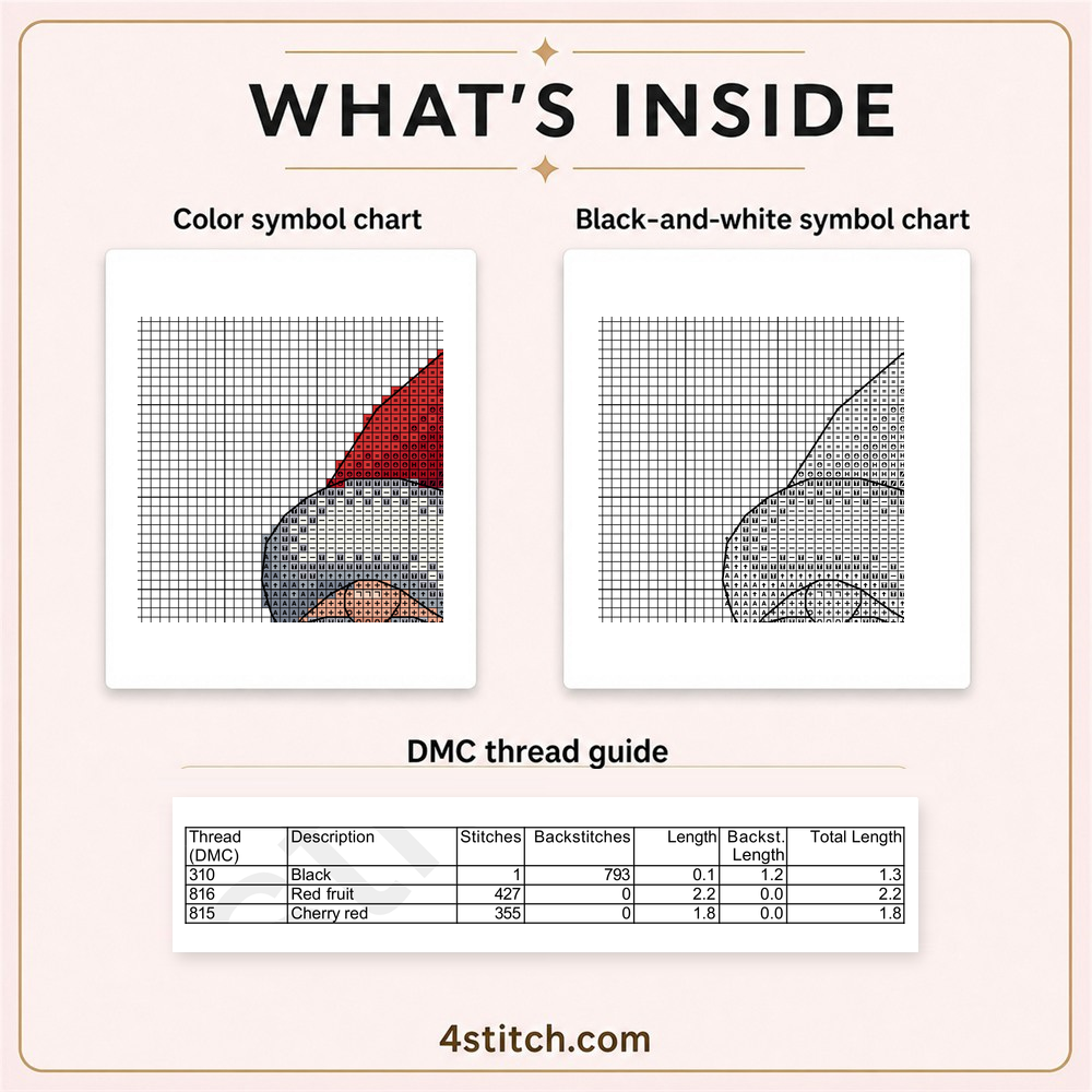 Protected partial color and black-and-white symbol charts with the first three DMC thread-guide rows for Holly Bauble Santa Gnome.
