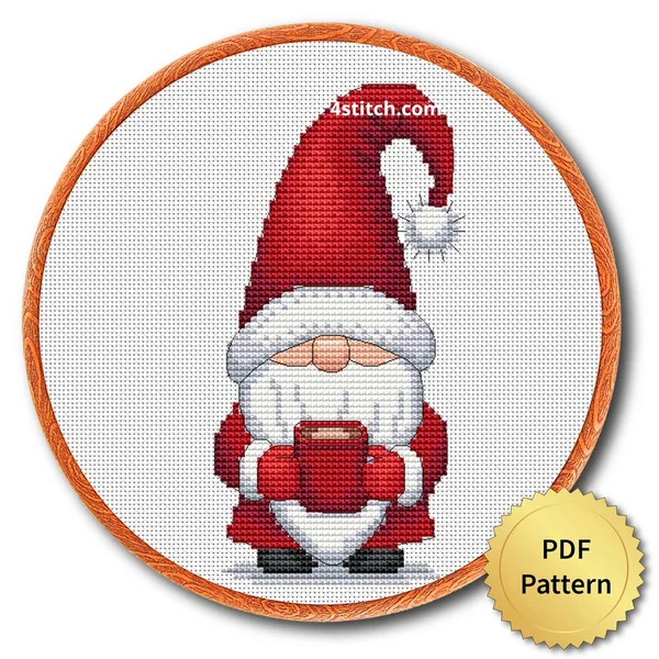 Christmas Heart Santa Gnome cross stitch design in an embroidery hoop with a PDF Pattern medal