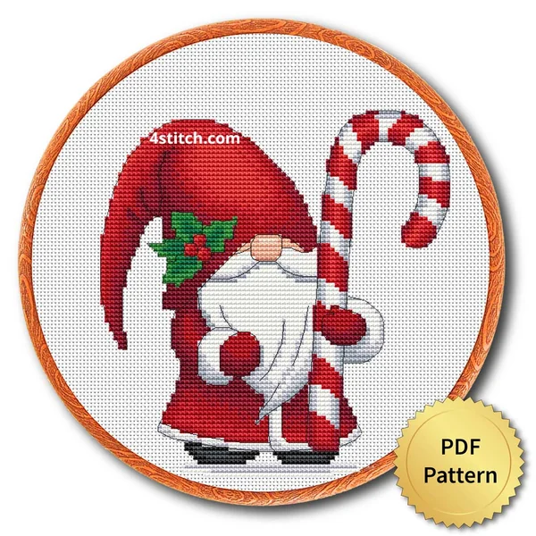 Holly Candy Cane Gnome cross stitch design in an embroidery hoop with a PDF Pattern medal
