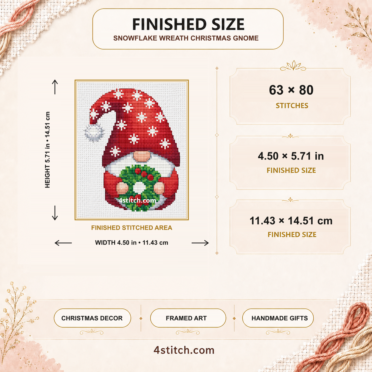 Snowflake Wreath Christmas Gnome finished size: 63 by 80 stitches, 4.50 by 5.71 inches or 11.43 by 14.51 centimetres on 14-count Aida.