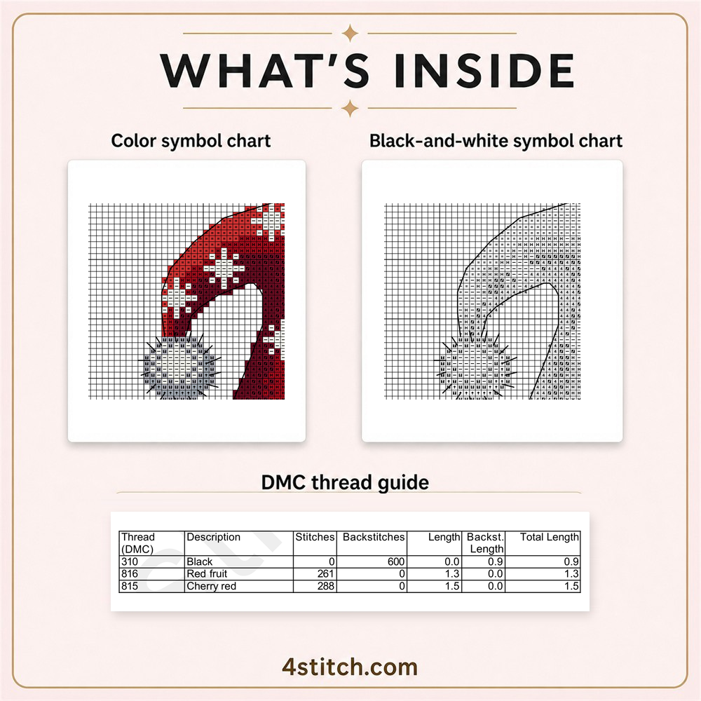 Protected partial color and black-and-white symbol charts with the first three DMC thread-guide rows for Snowflake Wreath Christmas Gnome.