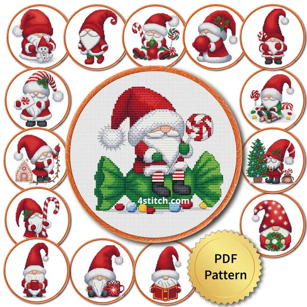 15 Santa Gnomes Series 4 cross stitch set collage in embroidery hoops with a PDF Pattern medal