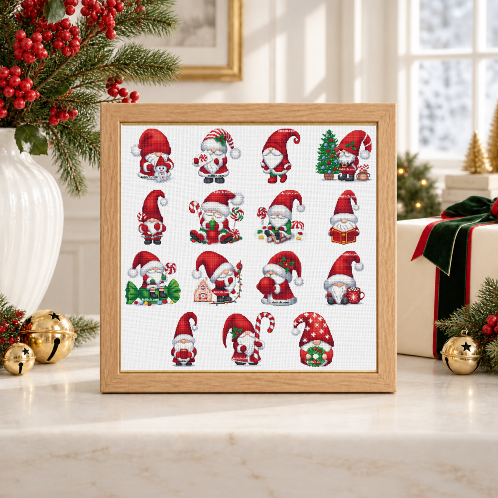 All 15 Santa gnome designs from Christmas Series 4 on continuous white Aida in a light oak frame in a bright Christmas interior.