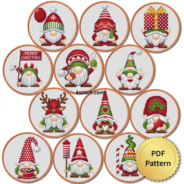 Twelve classic red Christmas gnome cross stitch motifs in embroidery hoops with a gold PDF Pattern medal
