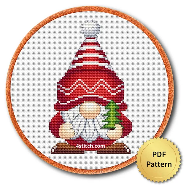 Mini Christmas Tree Gnome Cross Stitch Pattern shown in an embroidery hoop with a gold PDF Pattern medal