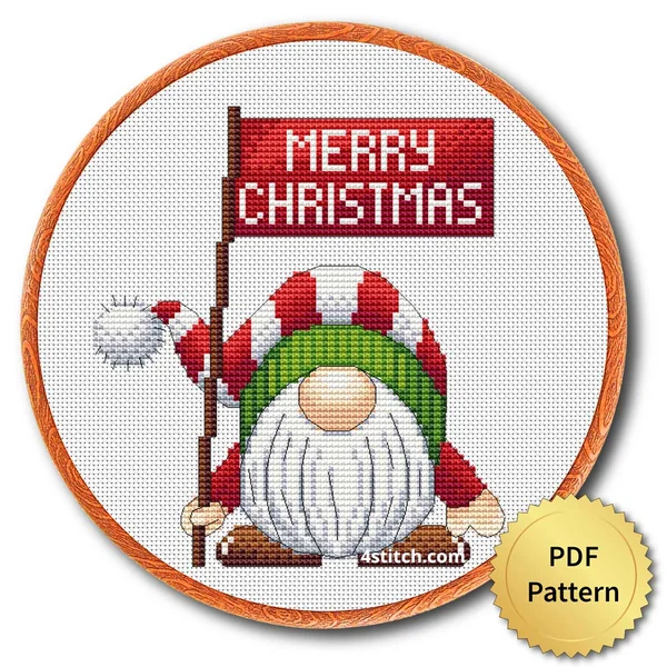 Merry Christmas Sign Gnome Cross Stitch Pattern shown in an embroidery hoop with a gold PDF Pattern medal