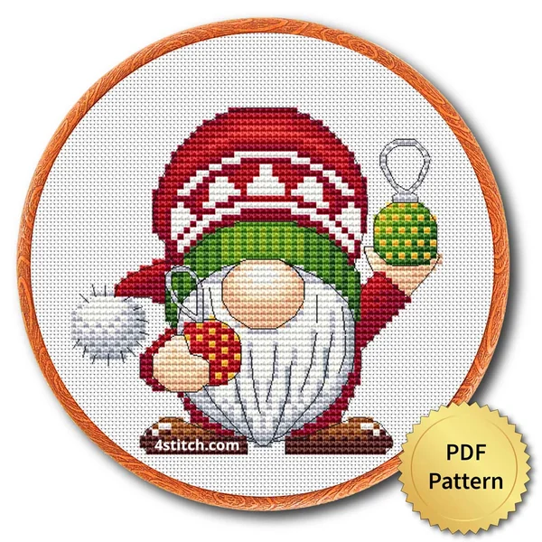 Christmas Ornaments Gnome Cross Stitch Pattern shown in an embroidery hoop with a gold PDF Pattern medal