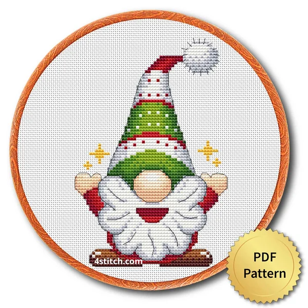 Sparkling Tree Hat Gnome Cross Stitch Pattern shown in an embroidery hoop with a gold PDF Pattern medal