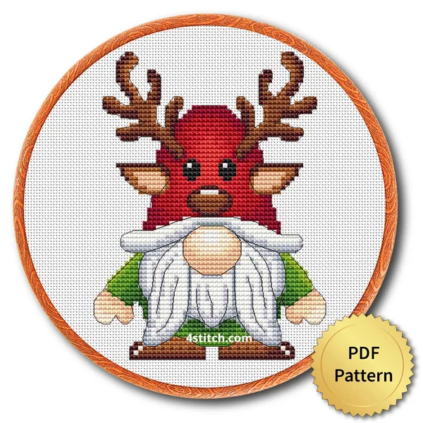 Reindeer Christmas Gnome Cross Stitch Pattern shown in an embroidery hoop with a gold PDF Pattern medal