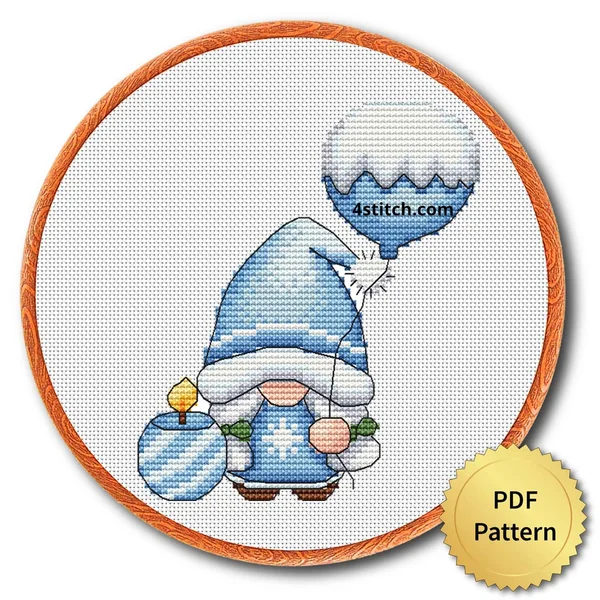 Blue Bauble Winter Gnome cross stitch pattern preview