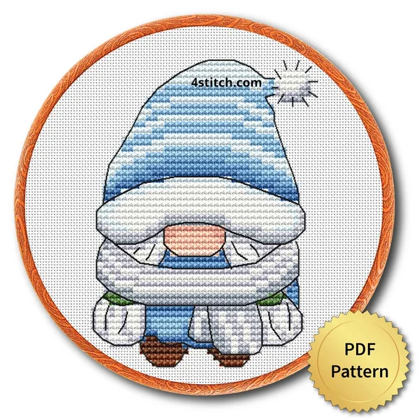 Blue Hat and Mittens Gnome cross stitch pattern preview