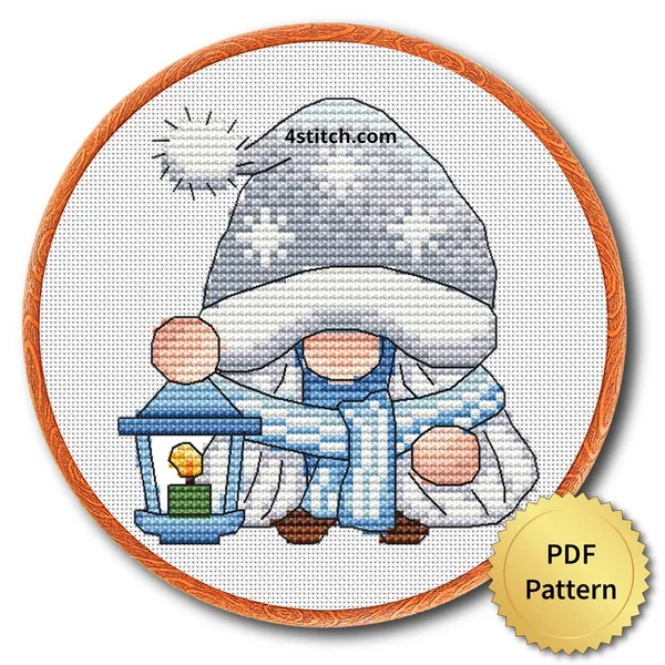 Snowy Lantern Gnome cross stitch pattern preview