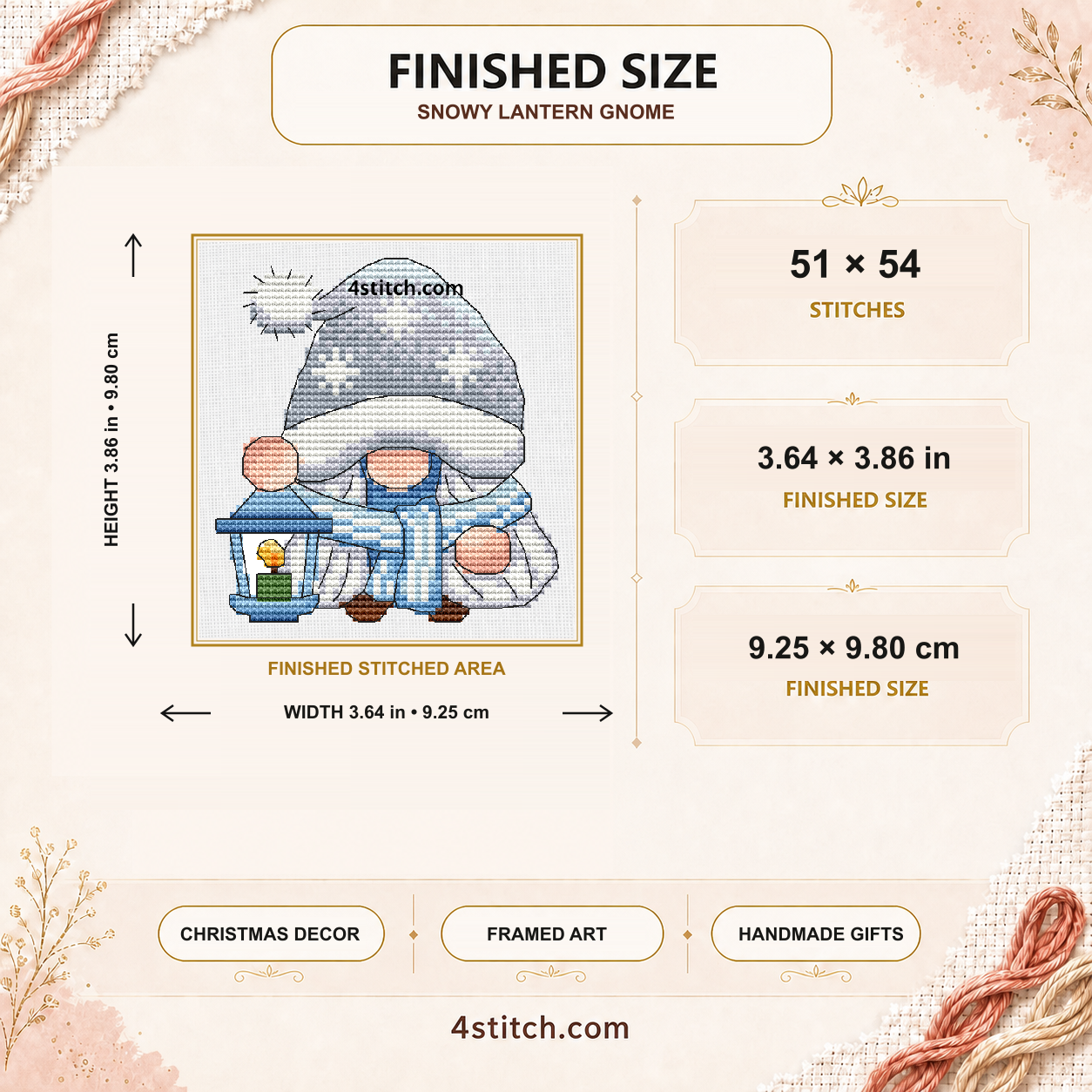 Snowy Lantern Gnome Cross Stitch Pattern finished stitched area on 14-count Aida, 51 by 54 stitches, 3.64 by 3.86 inches and 9.25 by 9.80 centimetres.