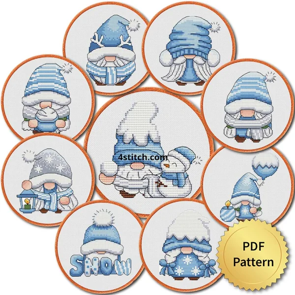 9 Blue Winter Gnomes cross stitch pattern set preview