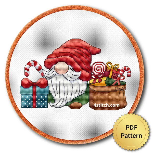 Candy and Gifts Christmas Gnome cross stitch pattern preview