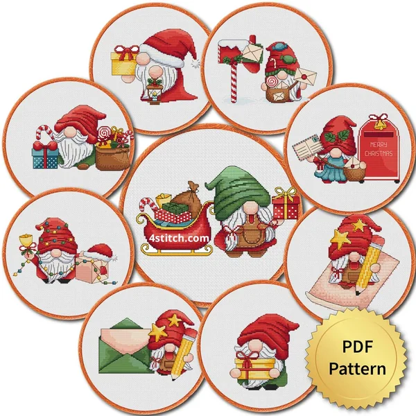 9 Red and Green Christmas Gnomes cross stitch pattern set preview