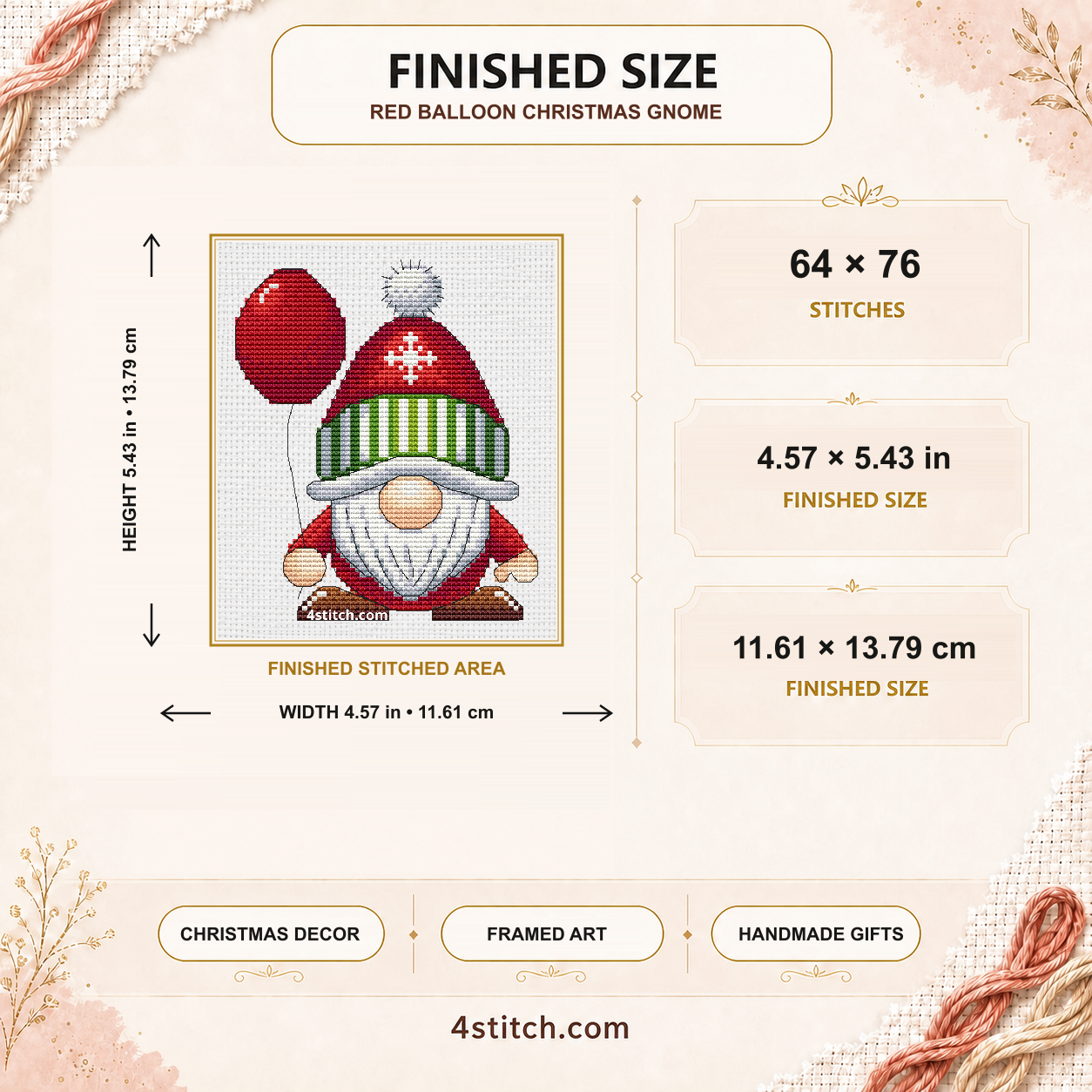 Finished size of the Red Balloon Christmas Gnome: 64 by 76 stitches, 4.57 by 5.43 inches or 11.61 by 13.79 centimeters on 14-count Aida.