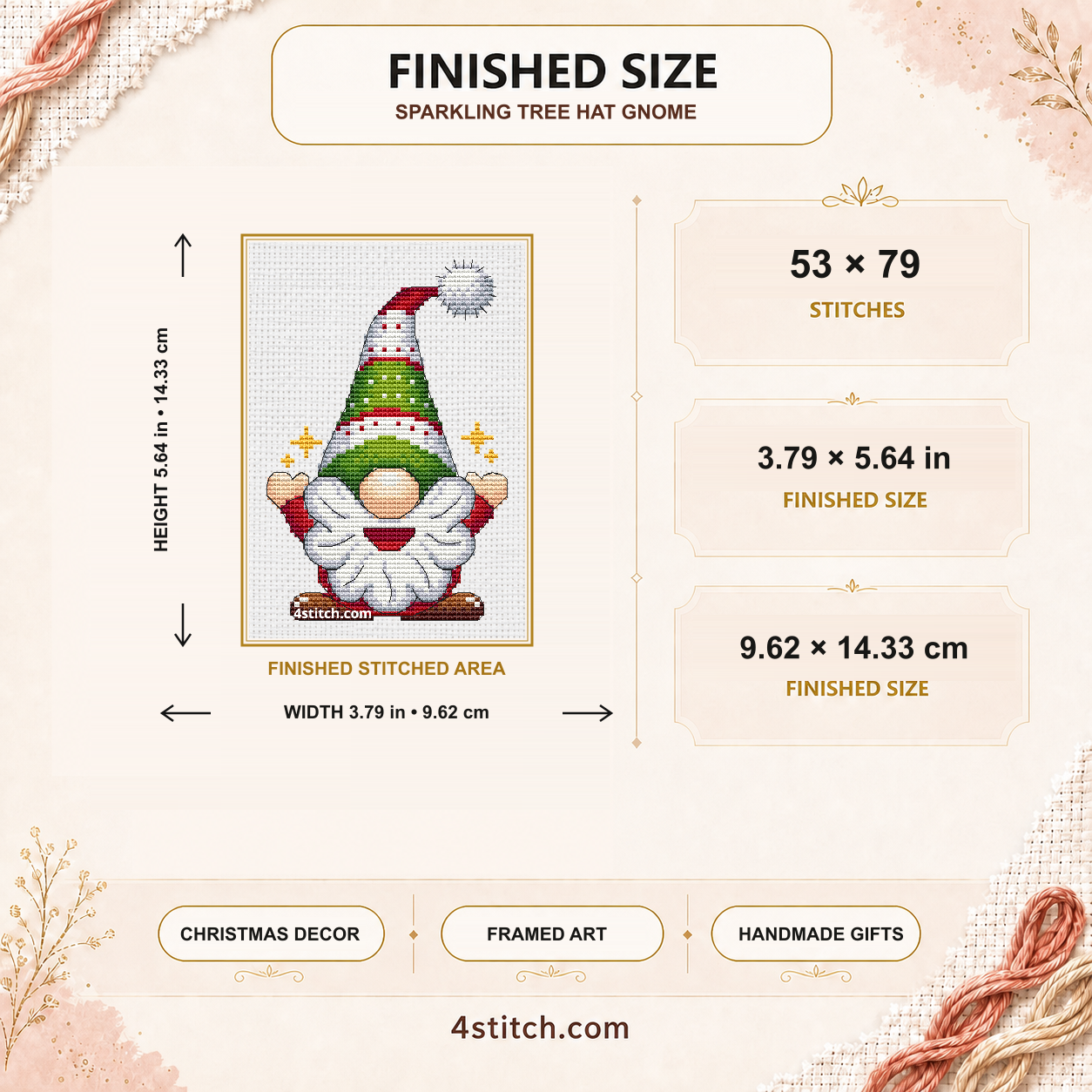 Finished size of the Sparkling Tree Hat Gnome: 53 by 79 stitches, 3.79 by 5.64 inches or 9.62 by 14.33 centimeters on 14-count Aida.