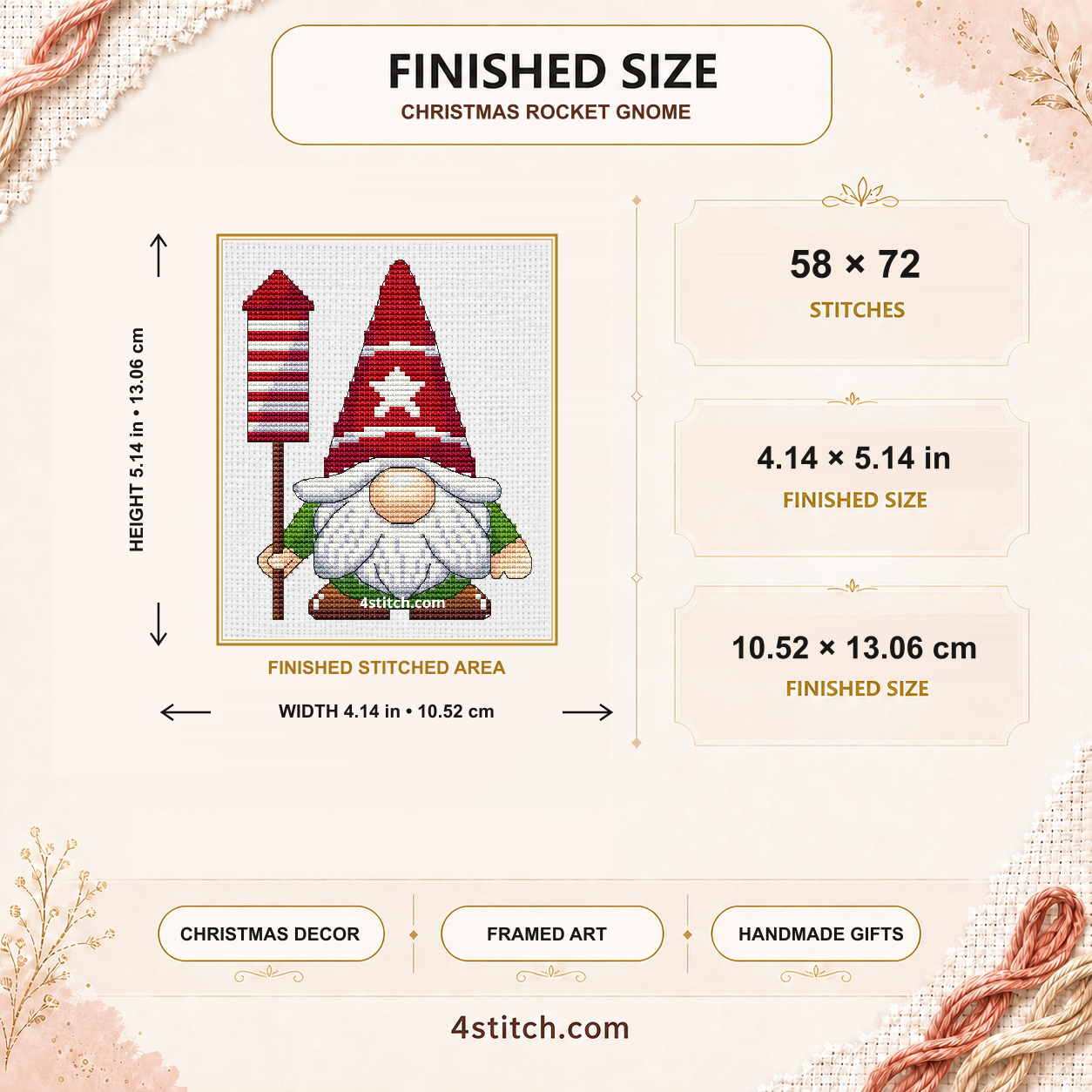 Finished size of the Christmas Rocket Gnome: 58 by 72 stitches, 4.14 by 5.14 inches or 10.52 by 13.06 centimeters on 14-count Aida.