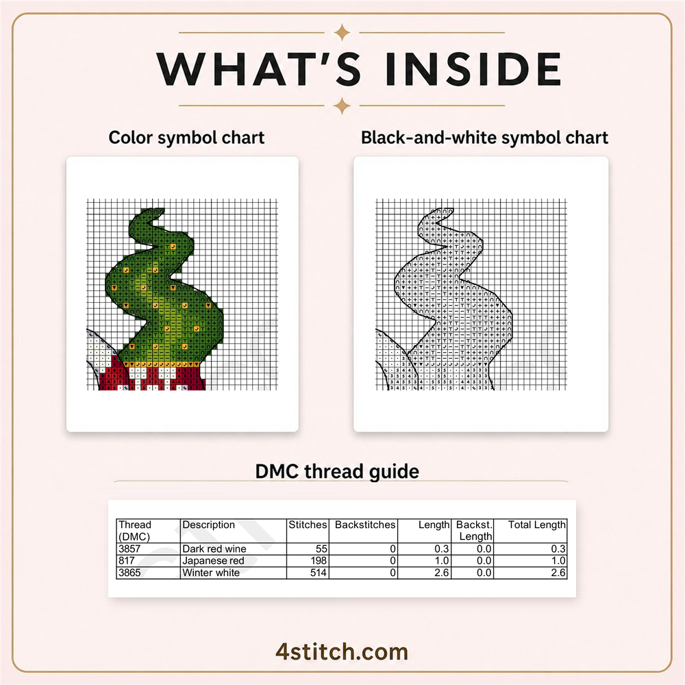 Partial color and black-and-white symbol charts and the first three DMC thread-guide rows for the Candy Cane Tree Hat Gnome.
