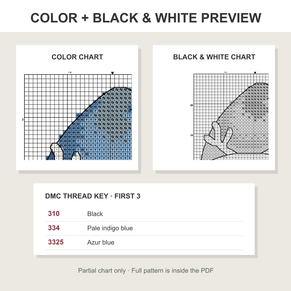 Top-left quarter of the Color and black-and-white charts with the first three real DMC thread rows for Reindeer Mug Winter Gnome Cross Stitch Pattern