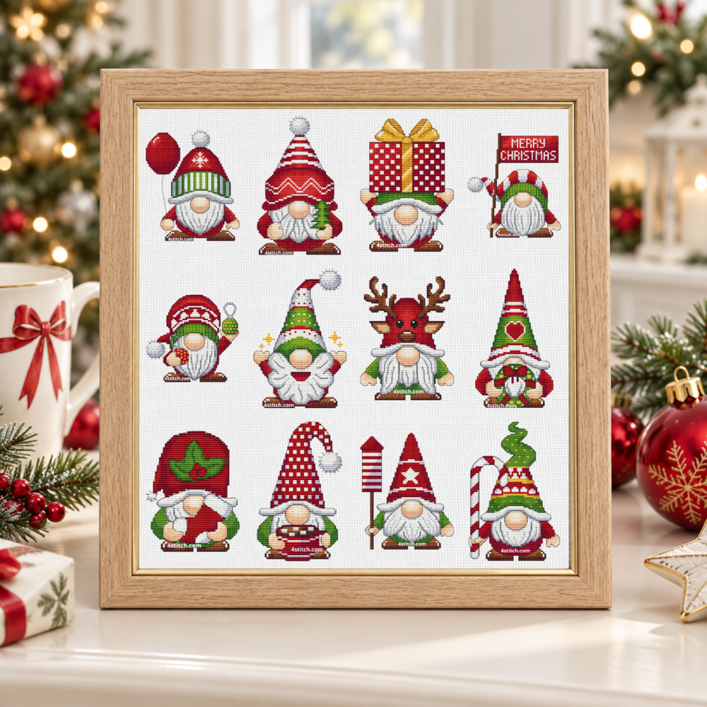 All 12 classic red and green Christmas gnome cross stitch designs on white Aida in a pale oak frame, in a bright festive interior.