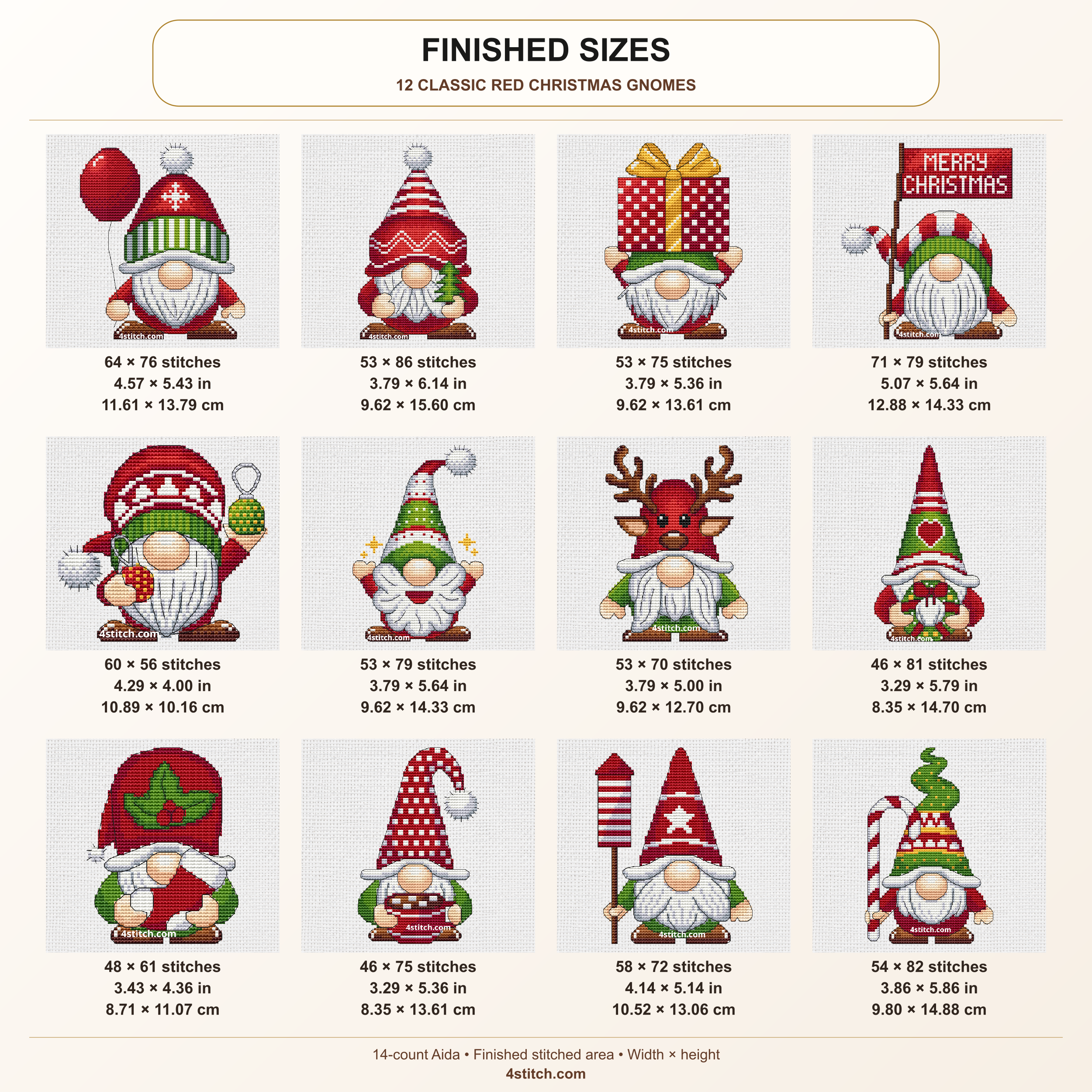 All 12 Christmas gnome designs, each with width by height in stitches, inches and centimeters for 14-count Aida.