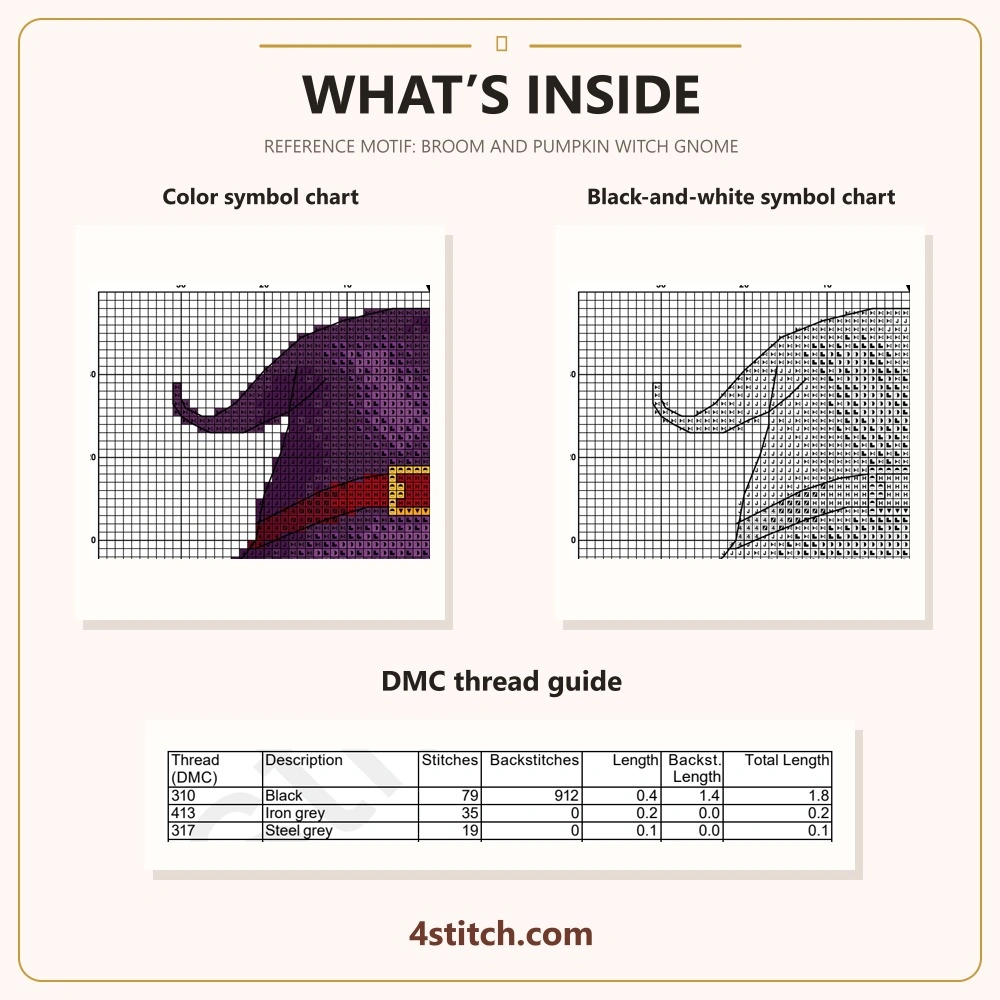 Partial color and black-and-white chart previews with three-row DMC guide for the 15 halloween gnomes cross stitch pattern set
