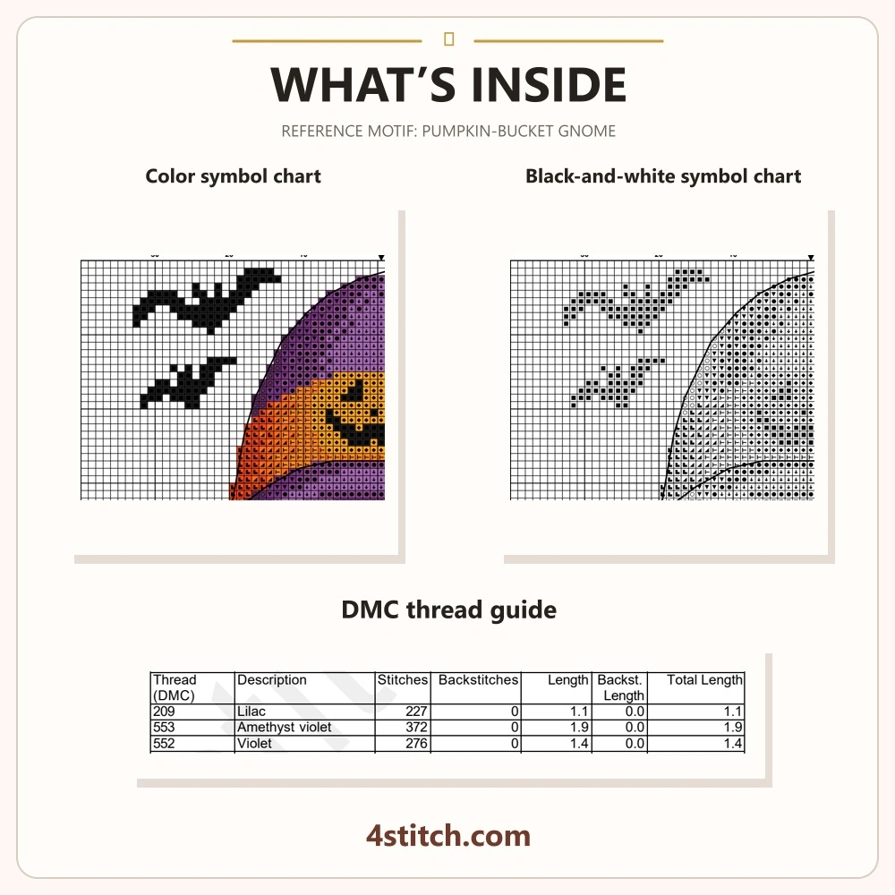 Partial color and black-and-white chart previews with three-row DMC guide for the 15 halloween gnomes series 3 cross stitch pattern set