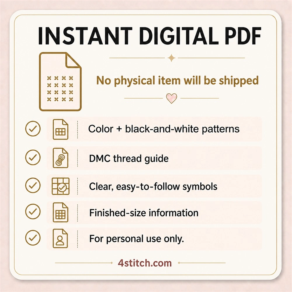Instant digital PDF information with color and black-and-white patterns, DMC thread guide, clear symbols, finished-size information, and personal-use terms