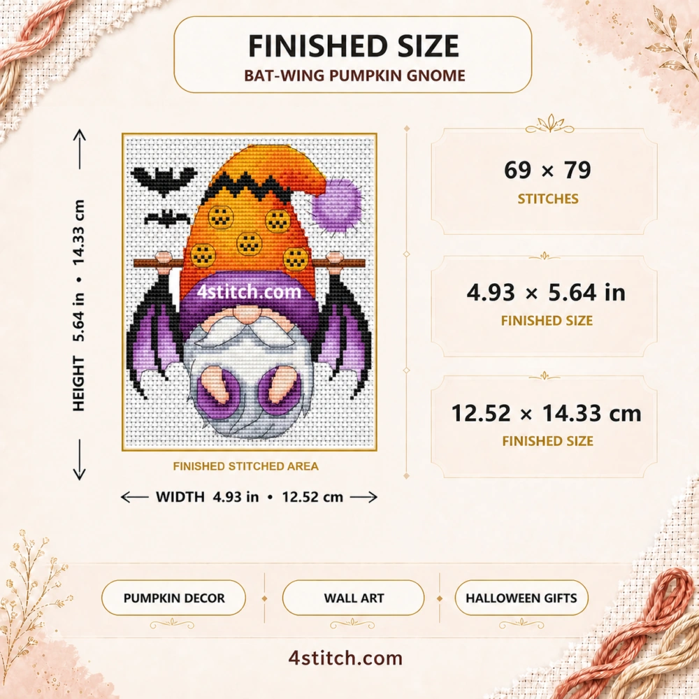 Bat-Wing Pumpkin Halloween Gnome cross stitch finished size guide with 69 × 79 stitches, inch and centimeter dimensions, arrows and visible 4stitch.com watermark