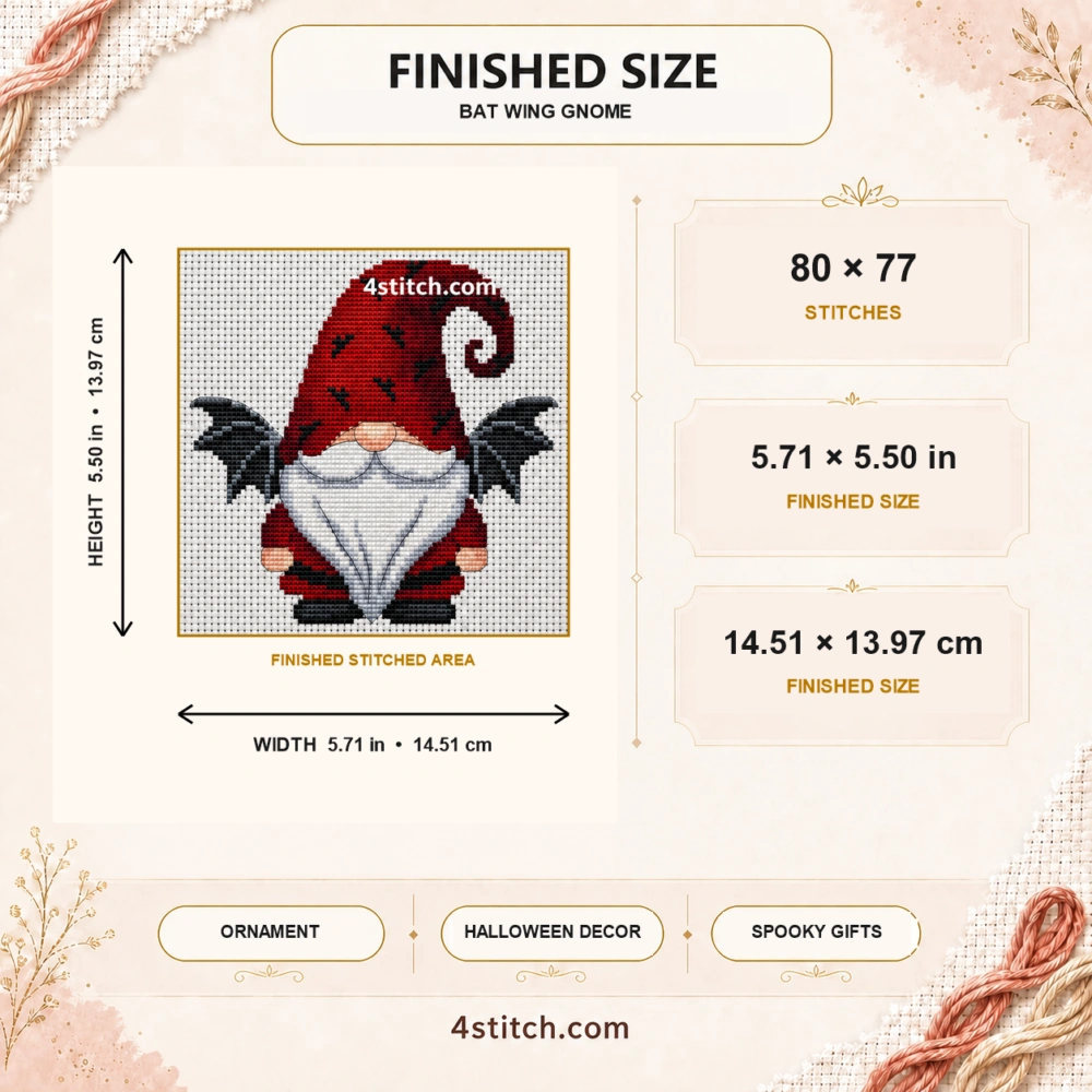 Bat Wing Halloween Gnome finished size guide with 80 by 77 stitches and inch and centimeter dimensions
