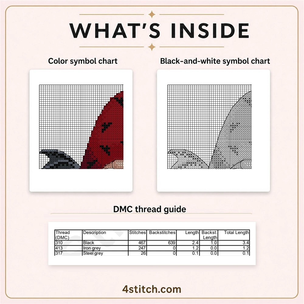 Protected color and black-and-white chart previews with the first three DMC rows for the Bat Wing Halloween Gnome pattern