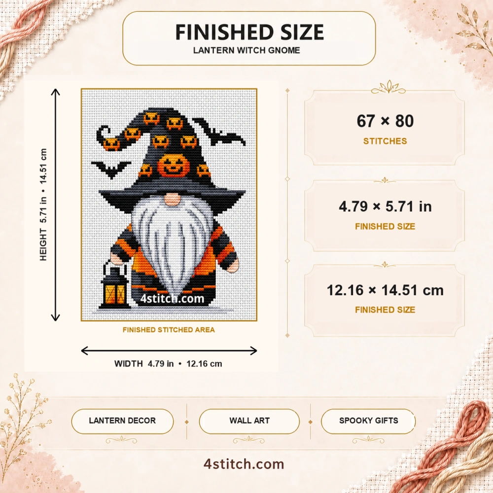 Lantern Witch Gnome finished size guide with 67 by 80 stitches and inch and centimeter dimensions