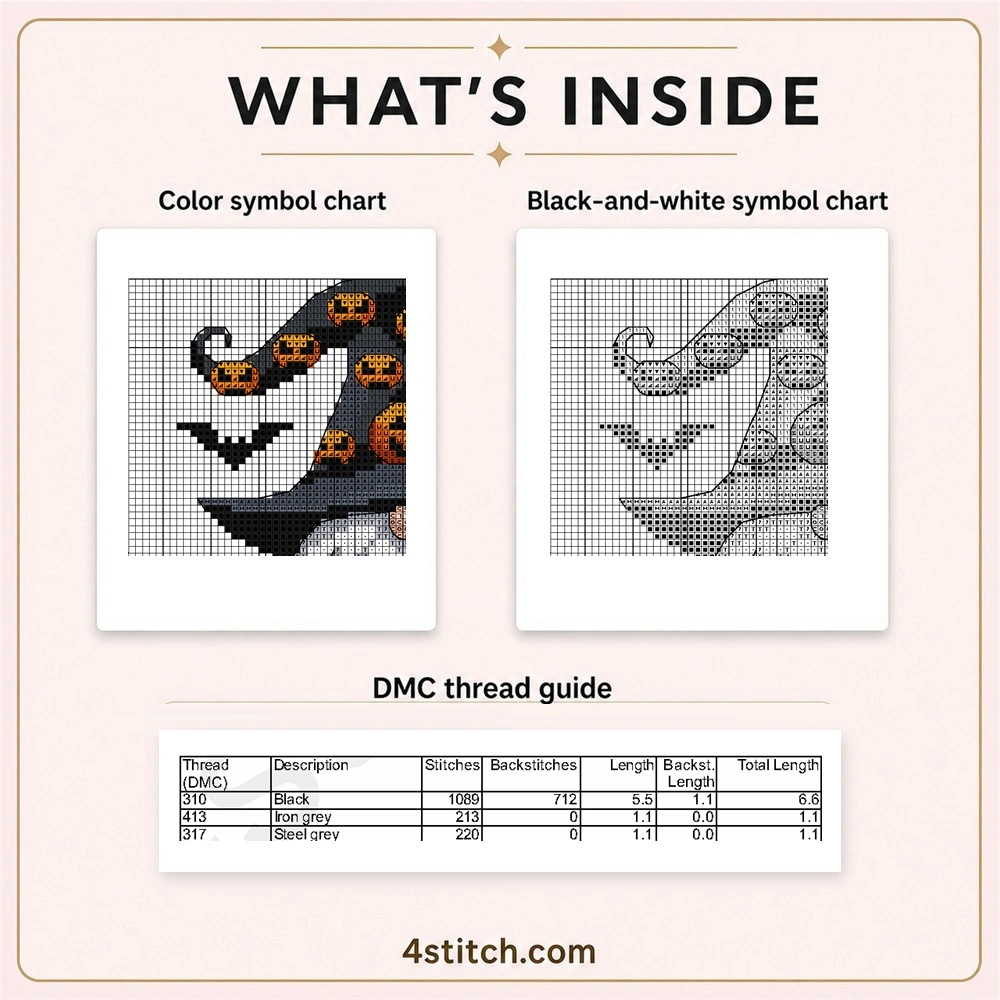 Protected color and black-and-white chart previews with the first three DMC rows for the Lantern Witch Gnome pattern