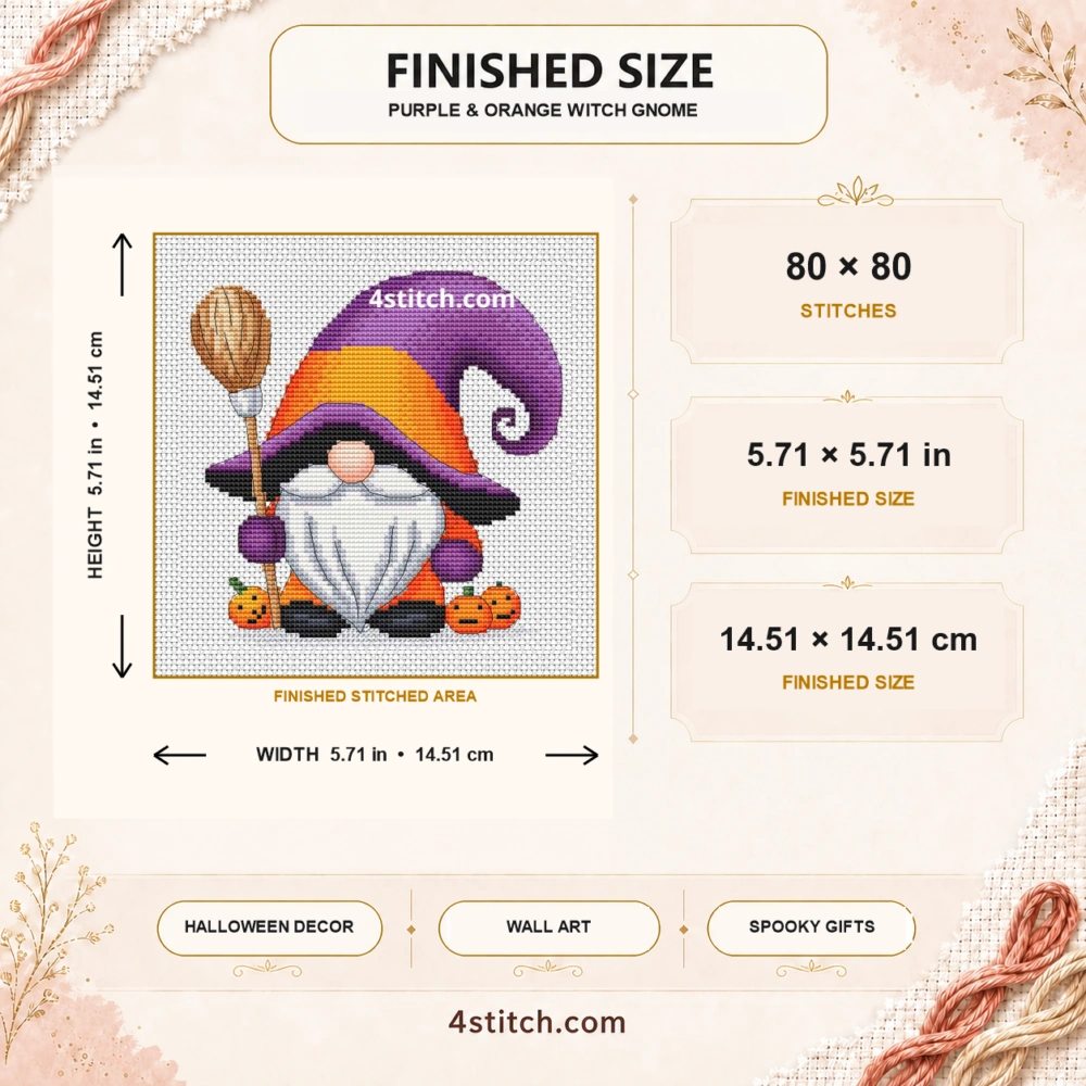 Purple and Orange Witch Gnome cross stitch finished size guide: 80 × 80 stitches, 5.71 × 5.71 in, 14.51 × 14.51 cm