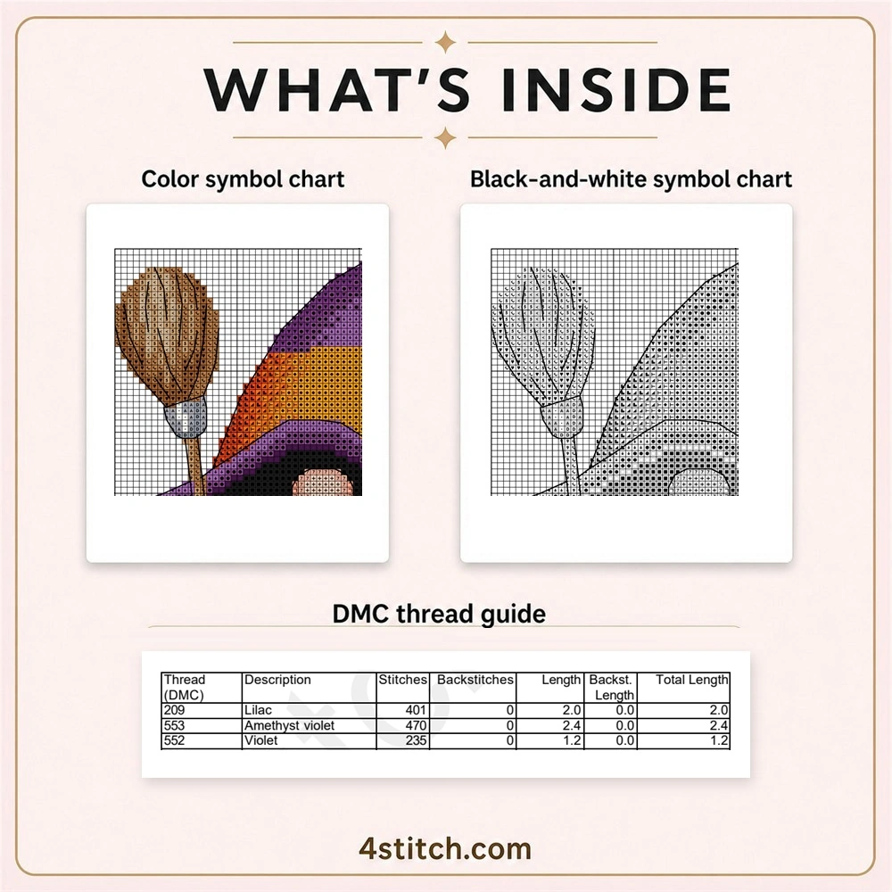 Purple and Orange Witch Gnome cross stitch PDF preview with color and black-and-white symbol charts plus DMC thread guide