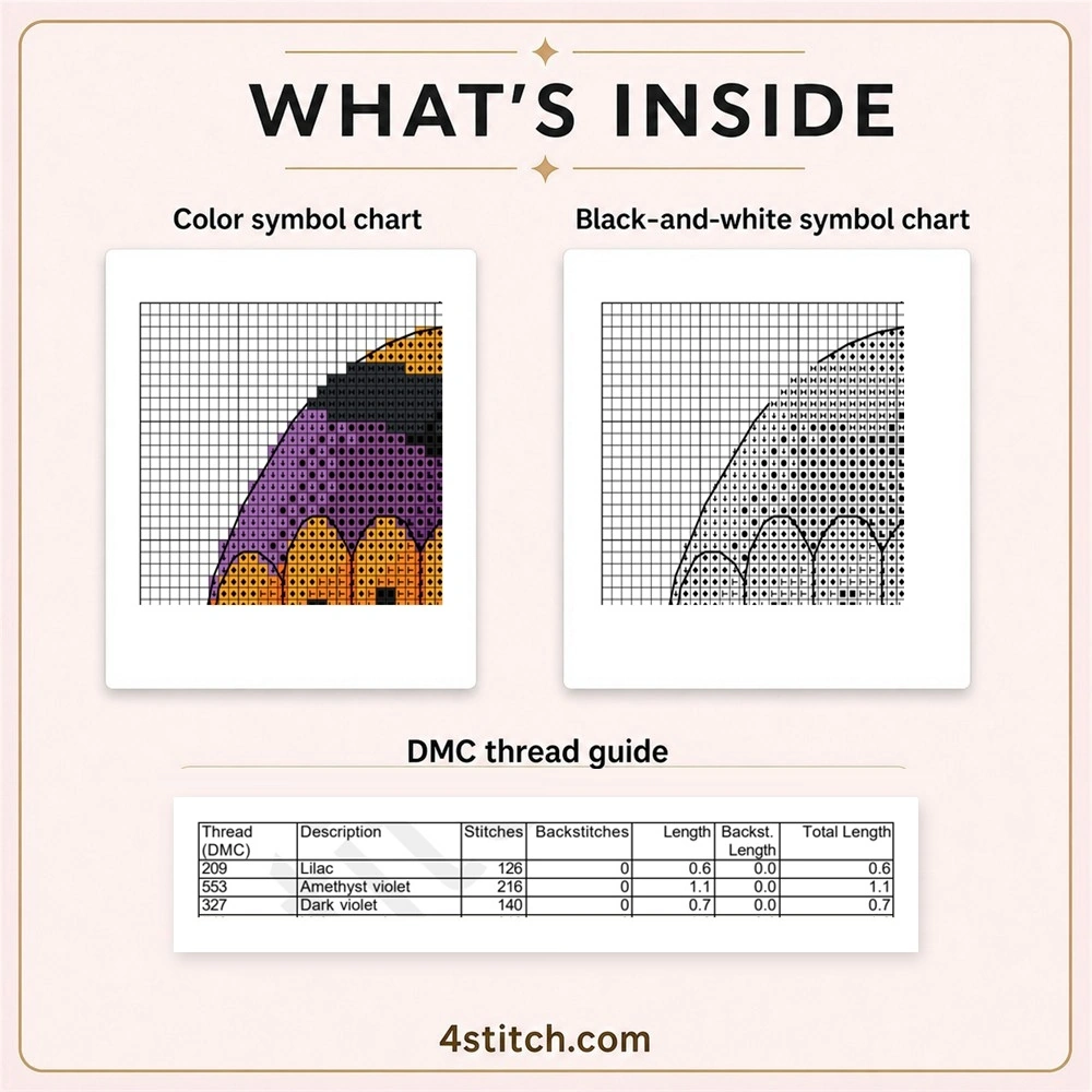 Jack-o'-Lantern Fence Hat Gnome cross stitch PDF preview with color and black-and-white symbol charts plus DMC thread guide