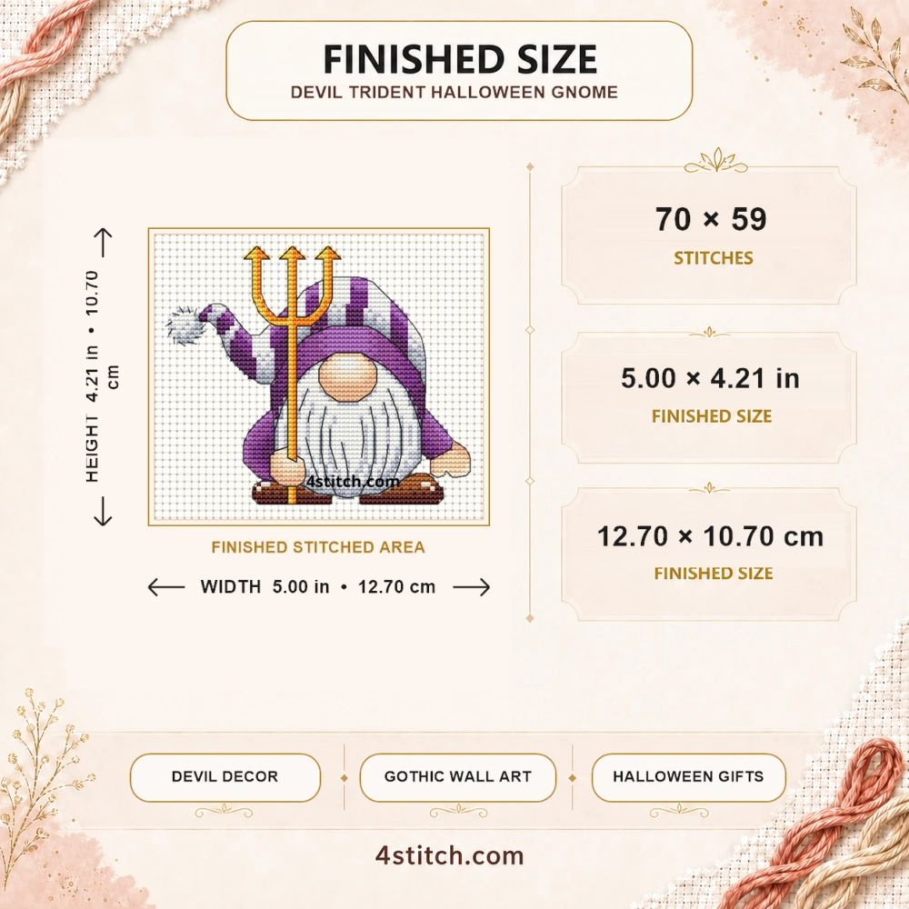 Devil Trident Halloween Gnome cross stitch finished size guide: 70 × 59 stitches, 5.00 × 4.21 in, 12.70 × 10.70 cm
