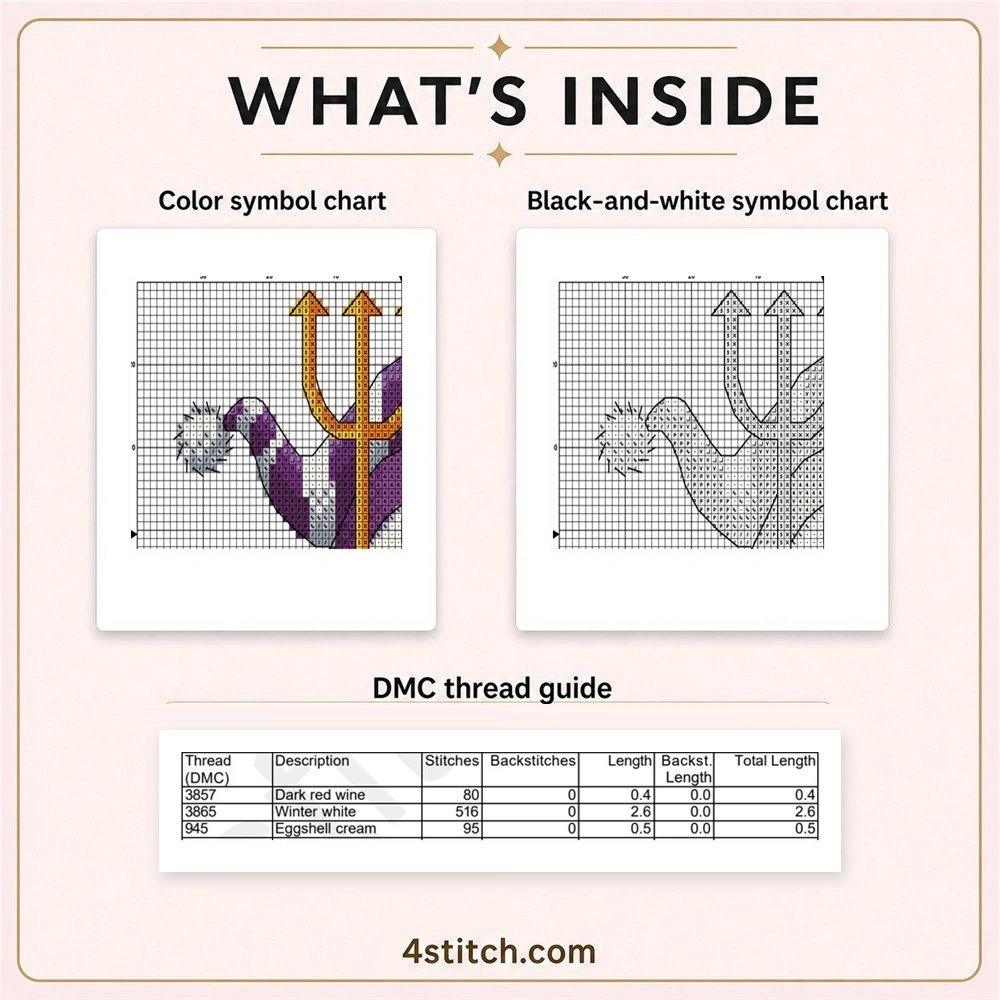 Devil Trident Halloween Gnome cross stitch PDF preview with color and black-and-white symbol charts plus DMC thread guide