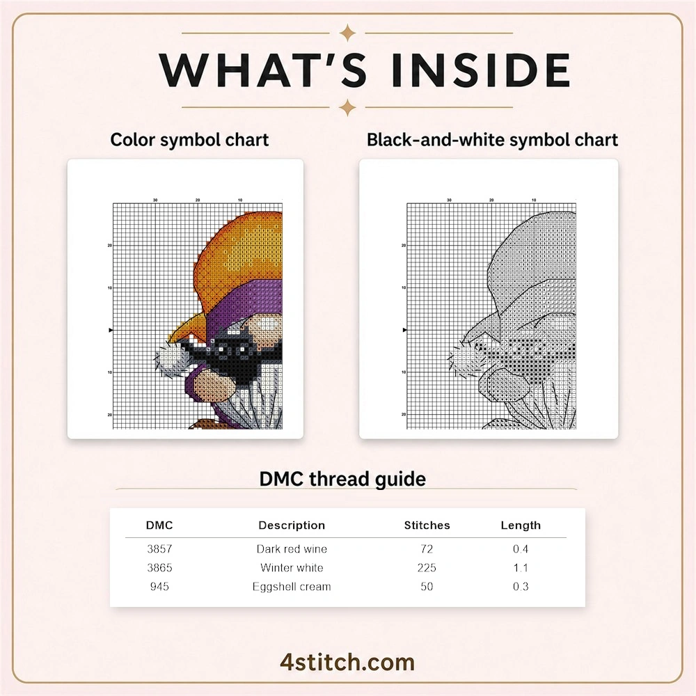 Partial color and black-and-white symbol chart previews with three-row DMC guide for the Spider Halloween Gnome cross stitch pattern